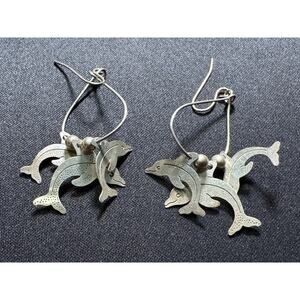 Vintage Sterling 925 Dangling Dolphins Shepard Hook Earrings